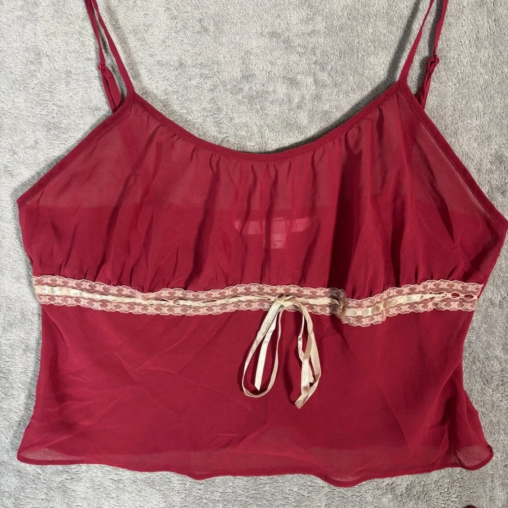 Vintage Victoria's Secret Burgundy Red Babydoll Cami Pajama Set Lace‎ Trim M Y2K